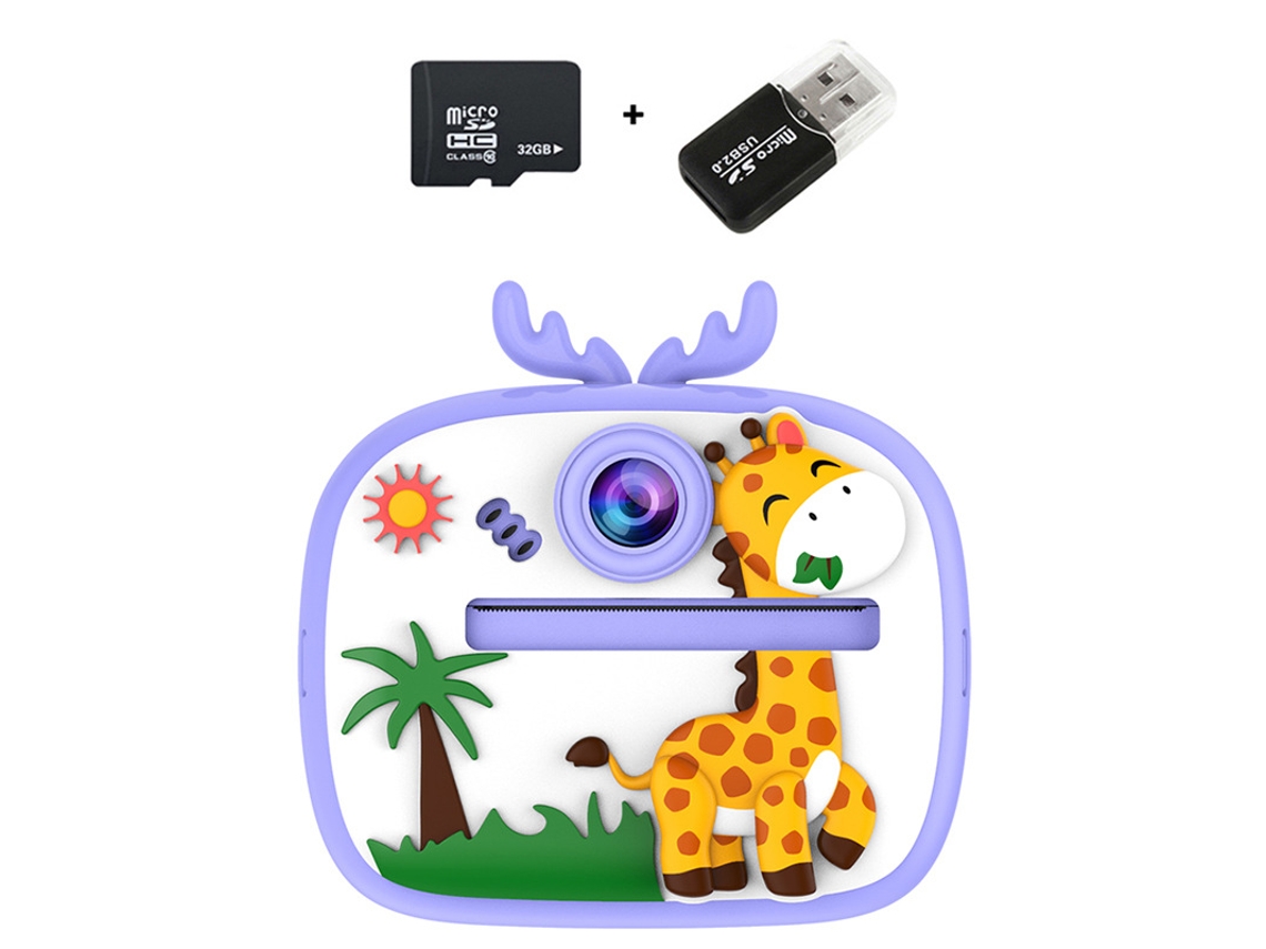 Cámara instantánea Chrui HD 1080p de 48 MP con pantalla IPS de 2,4 pulgadas y tarjeta de memoria de 32 GB (Jirafa morada)