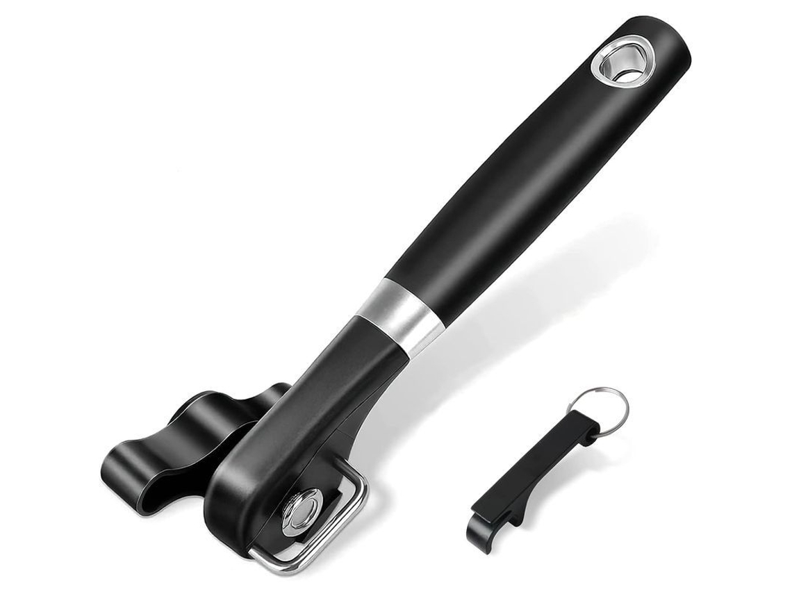 Abrelatas Rebe actualizado con mango antideslizante, borde liso, acero inoxidable, ergonómico, negro.