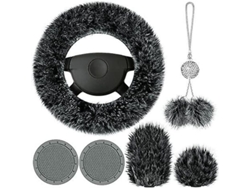 Kit De 6 Accesorios De Felpa Para El Coche: Funda Suave Para El Volante, Funda Para El Freno De Mano, Funda Para La Palanca De Cambios, Espejo Retrovisor Brillante, Alfombrilla Para El Suelo, Portavasos