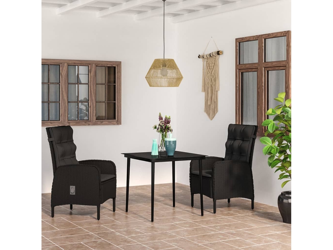 Juego de comedor de jardín de 3 piezas con cojines negros Dkd Home Decor