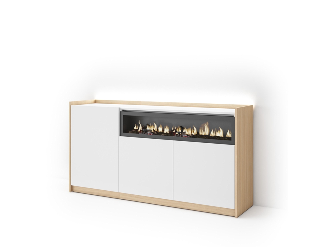 Aparador de comedor, 156x37x80cm, 3 puertas, chimenea eléctrica, iluminación LED, blanco y roble claro.