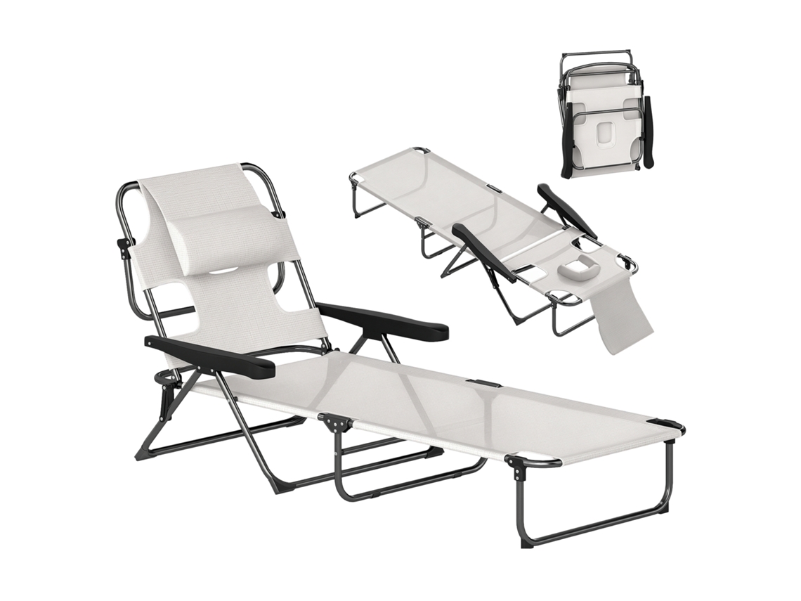 Espreguiçadeira Jardim Dobrável Orifício Leitura Encosto Ajustável 4 Níveis 145x72x89cm Creme