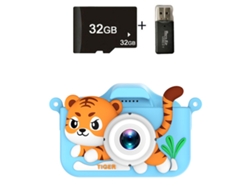 Cámara digital de juguete para niños, grabación HD de 1080p, tarjeta SD de 32 GB y lector de tarjetas, Tigre Azul Hexinyigjly
