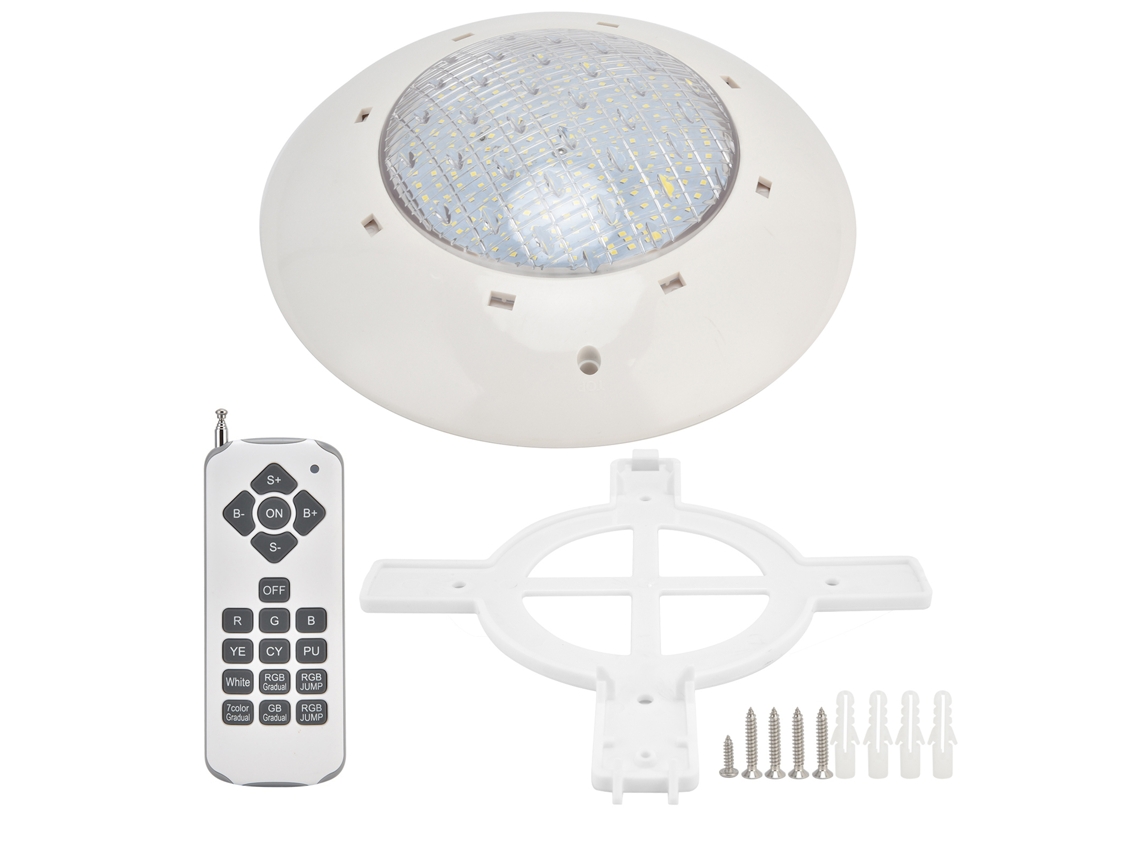 Lámpara LED sumergible para piscina IP68 modelo 2026 con control remoto, color RGB, AC12V, 18W, 1800lm, montaje en pared.