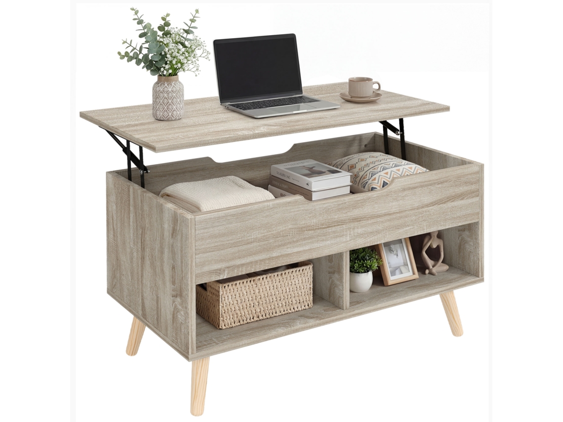 Mesa De Centro Elevable, Mesa De Salón Con Compartimento Oculto Y Estantes Abiertos, 75 X 40 X 58 Cm, Madera Natural.