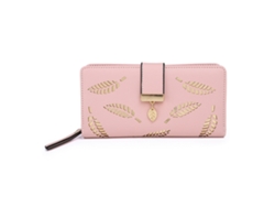 Cartera Larga De Mujer De Pu Con Estampado De Hojas, Organizador De Tarjetas Y Cremallera Rosa.