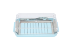 Caja cortadora de mantequilla de acero inoxidable con tapa transparente para cocina, chasis azul