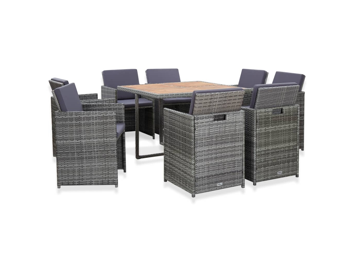 Conjunto 9 Peças Jantar Exterior C/ Almofadões Vime Pe Antracita Dkd Home Decor