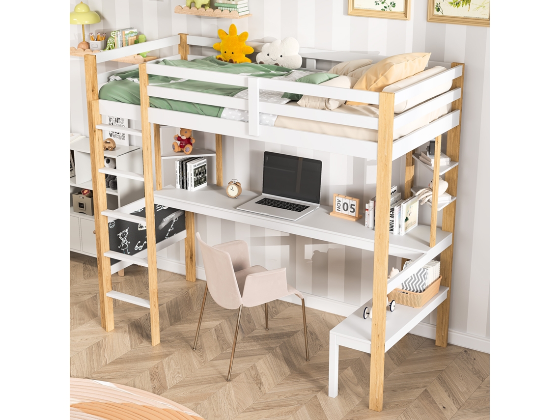 Cama Individual De 90x200 Cm Con Mesita Y Estante, Cama Infantil Multifuncional, Escalera Estable, Barandillas De Seguridad, Colchón No Incluido.