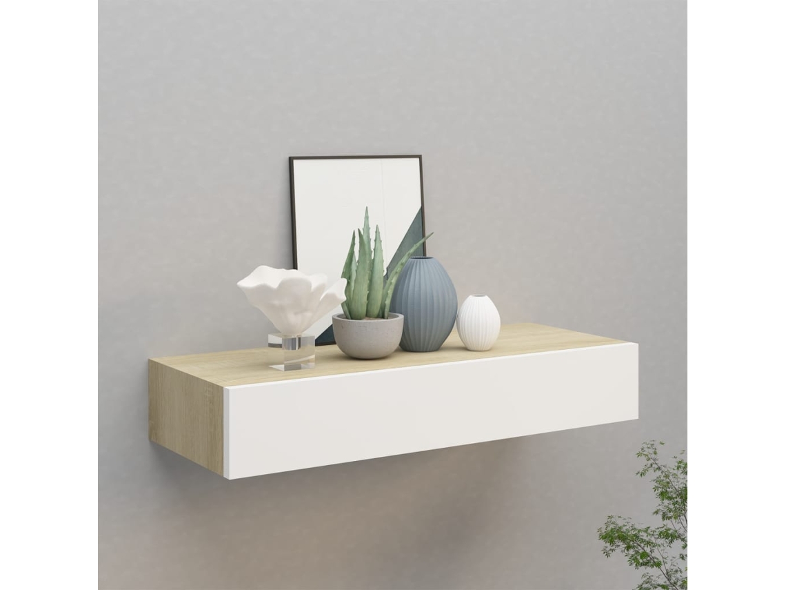 Estante de pared con cajón MDF 60x23,5x10cm Roble/Blanco Dkd Home Decor