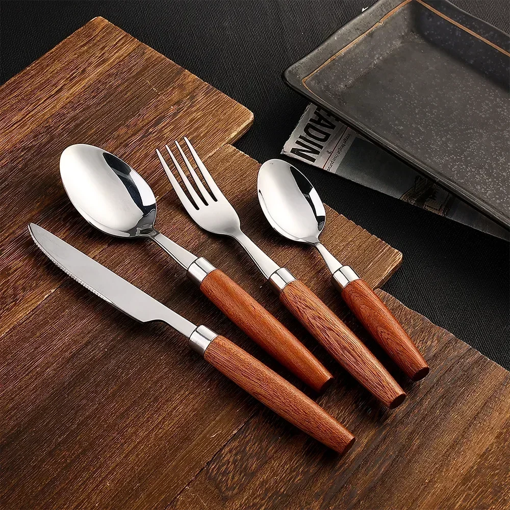 Juego De Cubiertos (plateado) Con Mango De Madera, Cuchillo, Tenedor Y Cuchara De Acero Inoxidable Apto Para Lavavajillas. Utensilios De Cocina.