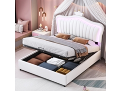 Cama Infantil Princess De 140x200 Cm Con Almacenamiento Hidráulico, Estructura De Poliuretano Blanco, Iluminación Led Y Somier De Láminas Incluido.