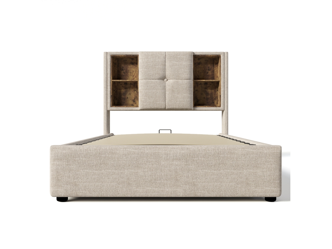 Sofá cama con cabecero y almacenaje, tapizado, sin muebles, beige (90 x 200 cm)