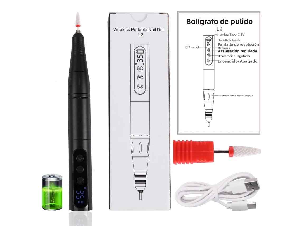 Lima de uñas inalámbrica (negra), herramienta portátil de polímero, recargable por USB.