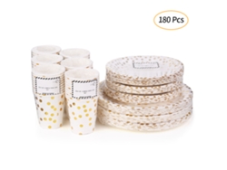 Set De 180 Piezas: 60 Vasos De Papel 9oz + 60 Platos 7" + 60 Platos 9" Desechables Con Puntos Dorados Para Bebidas, Cena Y Postres