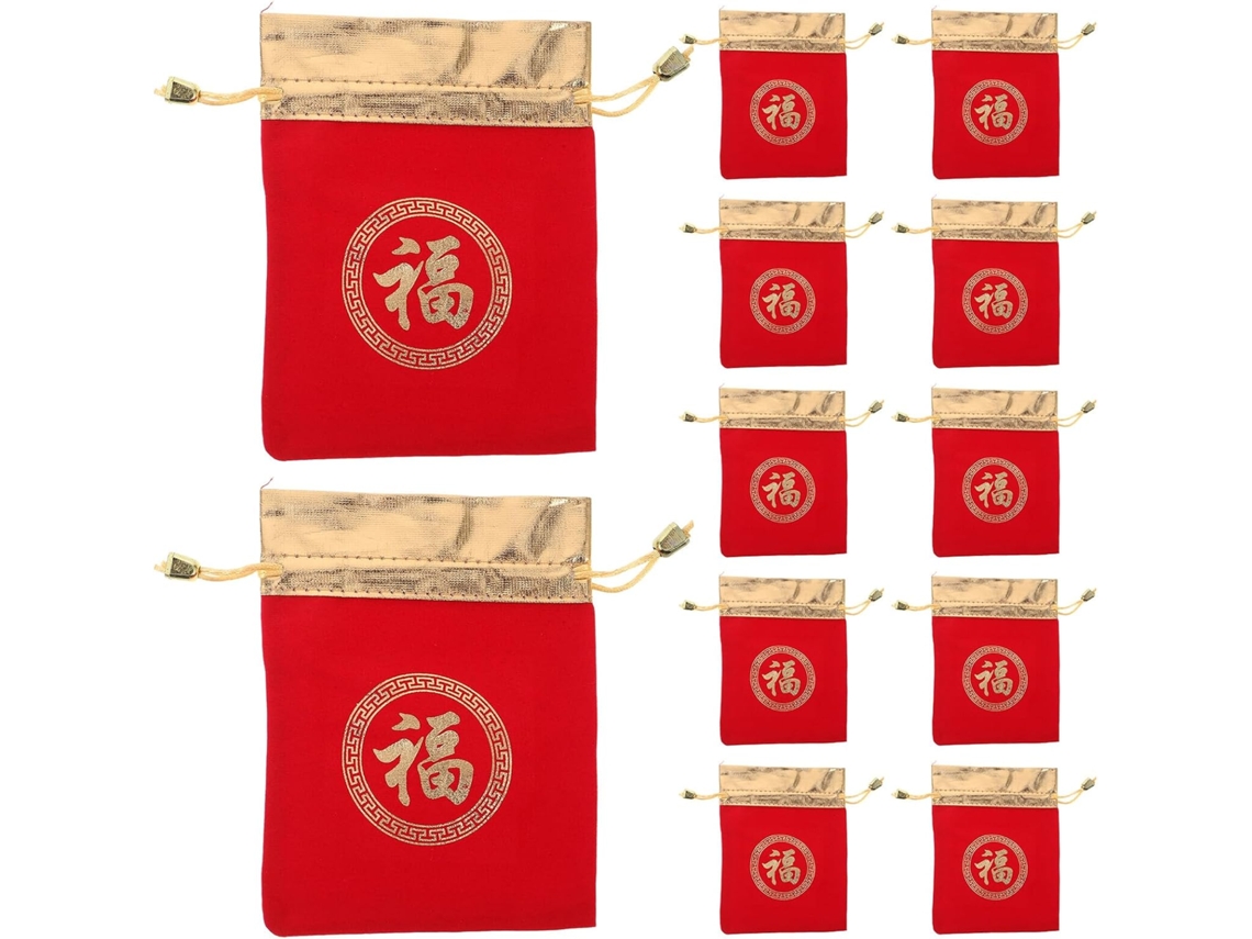 Juego 12 Bolsas Terciopelo Cordón Caracteres Chinos 12x16 Regalo Reutilizables Joyas Dulces Decoraciones