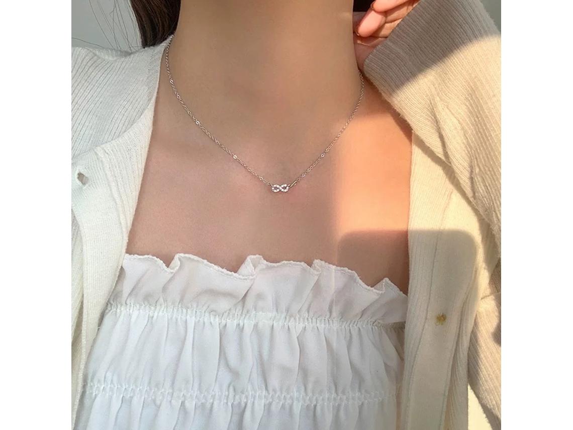 (blanco Dorado) Símbolo Entrelazado De Plata Pura S925, Collar, Versión Fina Con Zirconias Delicadas En Forma De 8, Elegancia Superior Y Versátil