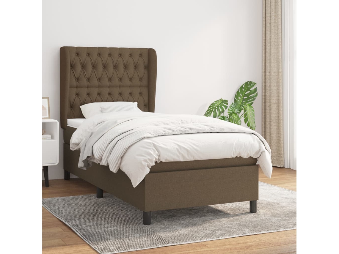 Cama Box Spring Con Colchón Tela Marrón Oscuro 90x190 Cm