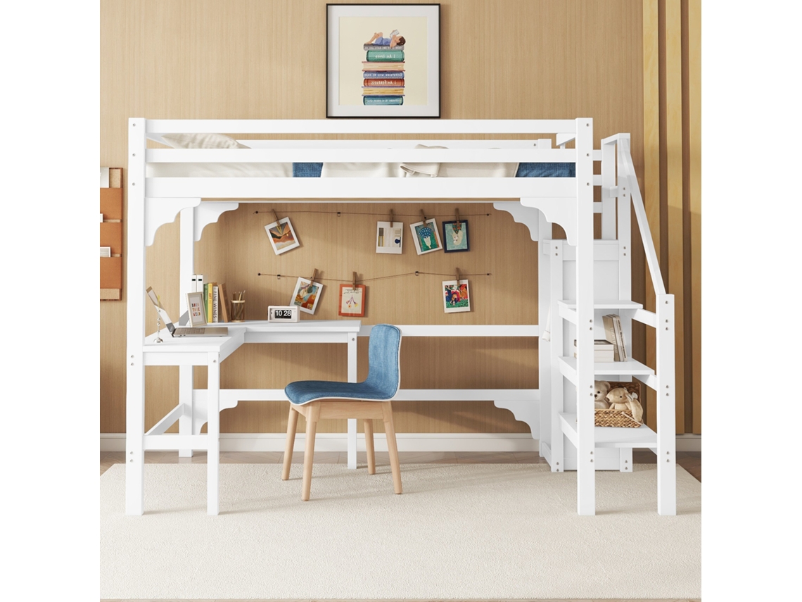 Cama alta, 140*200cm, elegante escritorio en forma de L, madera de pino, armario abierto, estilo minimalista, color blanco.