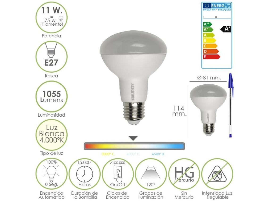 Bombilla led Blanca Standar Rosca MAURER E27 1055 Lumenes (4000k - A+)