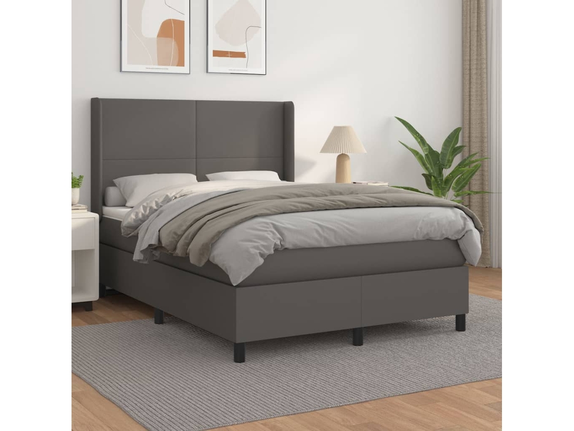 Cama Box Spring Con Colchón Cuero Sintético Gris 140x200 Cm