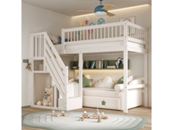Cama De Madera Maciza De 90x200 Cm Con Escalera De Almacenamiento Y Armario Integrado, Cama Robusta Para Niños/adolescentes, Color Blanco.