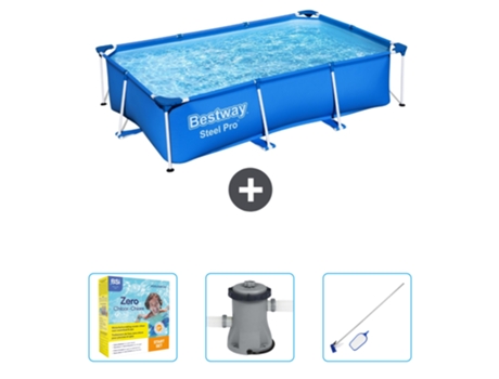Piscina BESTWAY Rectangular Steel Pro - 259 x 170 x 61 cm - Azul - Incluida Paquete de mantenimiento - Bomba - kit de limpieza