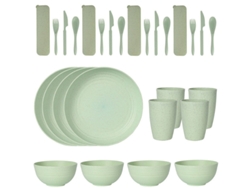 (verde) Juego De Cubiertos De Plástico De 24 Piezas, Que Incluye Platos, Vasos, Cucharas Y Cuchillos.