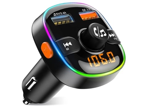 Transmisor FM Bluetooth, adaptador de coche Bluetooth de carga rápida QC3.0, cargador de coche con retroiluminación LED de 7 colores con 2 puertos ...