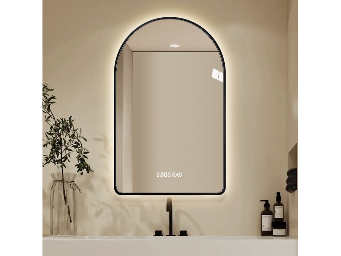 Espejo retrovisor arqueado LED de 60x120 cm - Antivaho, ajustable, tres temperaturas, reloj y termómetro - Negro/Plata