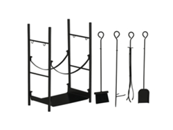 Suporte Elevado Para Lenha, Uso Interno Externo, 2 Prateleiras, Metal, Removíveis, Pá, Vassoura, Atiçador E Pinça. Capacidade De 70 Kg, Preto.
