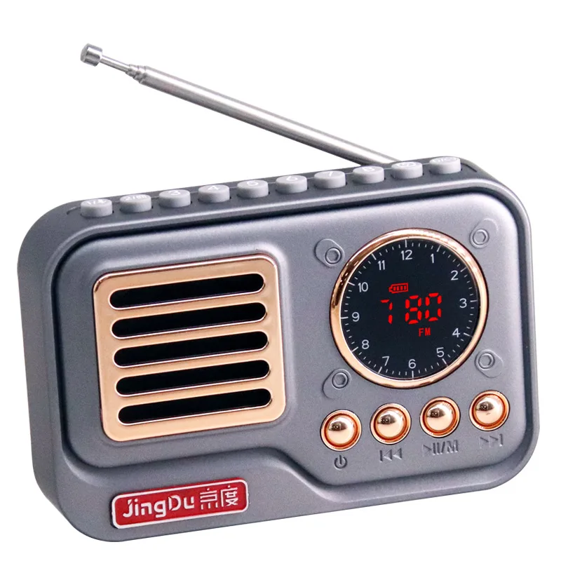 Mini radio FM (gris) con pantalla LED, altavoz Bluetooth inalámbrico, compatible con MP3, tarjeta TF y unidad USB, apagado programado.