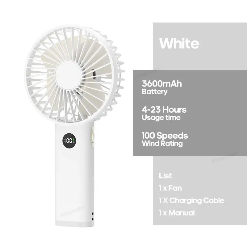 Ventilador Portátil Mini Usb (blanco), 3600 Mah, Con Control De Velocidad Continuo, Pantalla Y Luz Nocturna.