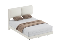 Cama Doble De 135x190 Cm Somier Con Cabecero Acolchado Efecto Flotante Estructura Metálica Beige