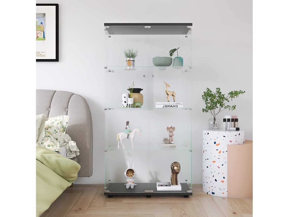 Vitrina Negra, Vitrina De Cristal Con 4 Niveles Y 2 Puertas De Cristal Templado, Vitrina Con Cerradura Para Salón O Dormitorio
