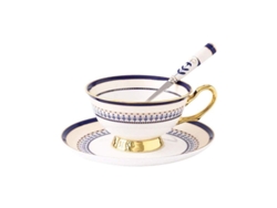 Juego de taza y platillo azul marino con cuchara, diseño de Phnom Penh, estilo nórdico, lujo elegante.