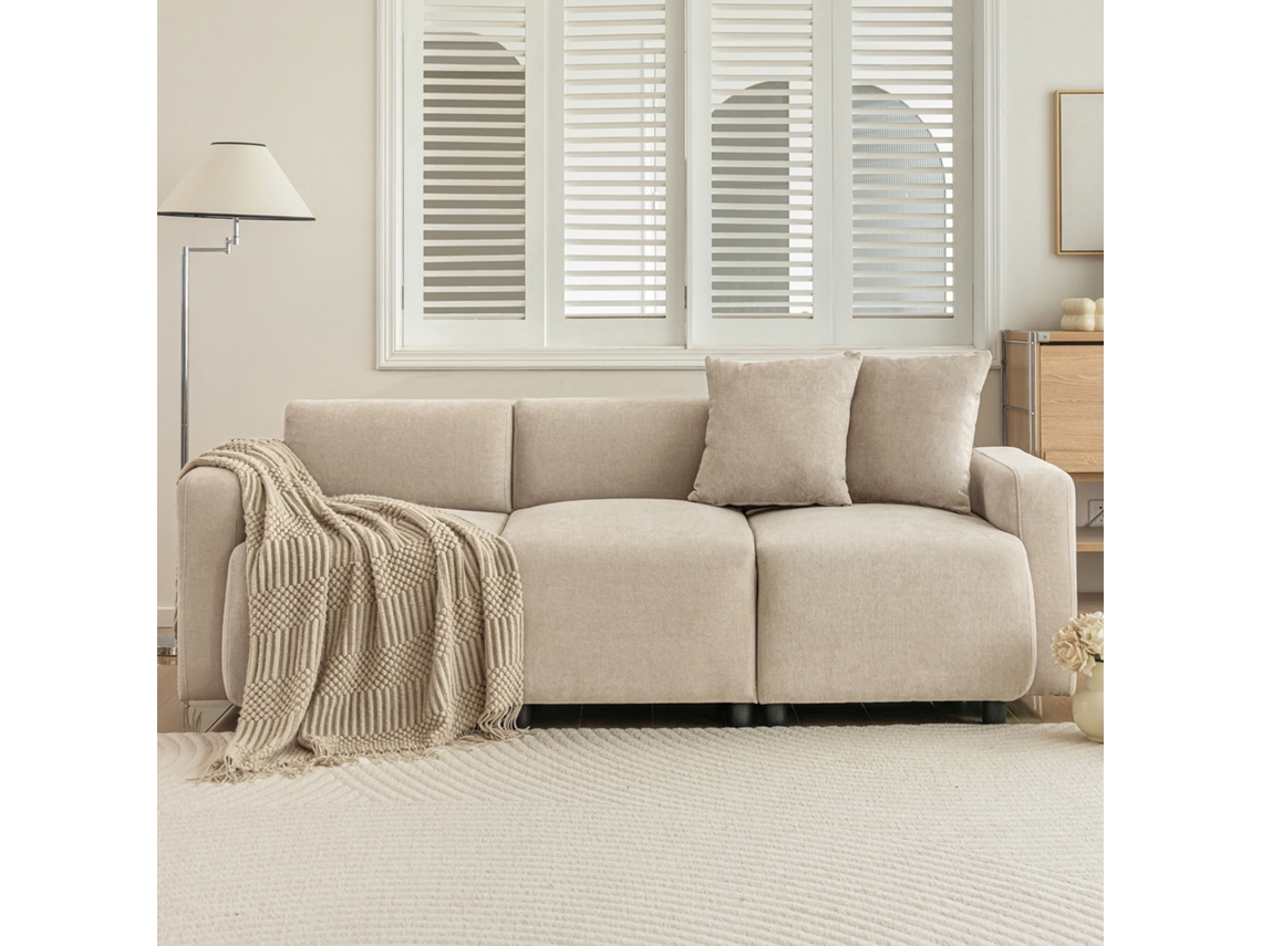 Sofá De 3 Plazas En Tejido Chenille Con 2 Cojines - Capacidad Para Dormir 211 Cm - Beige