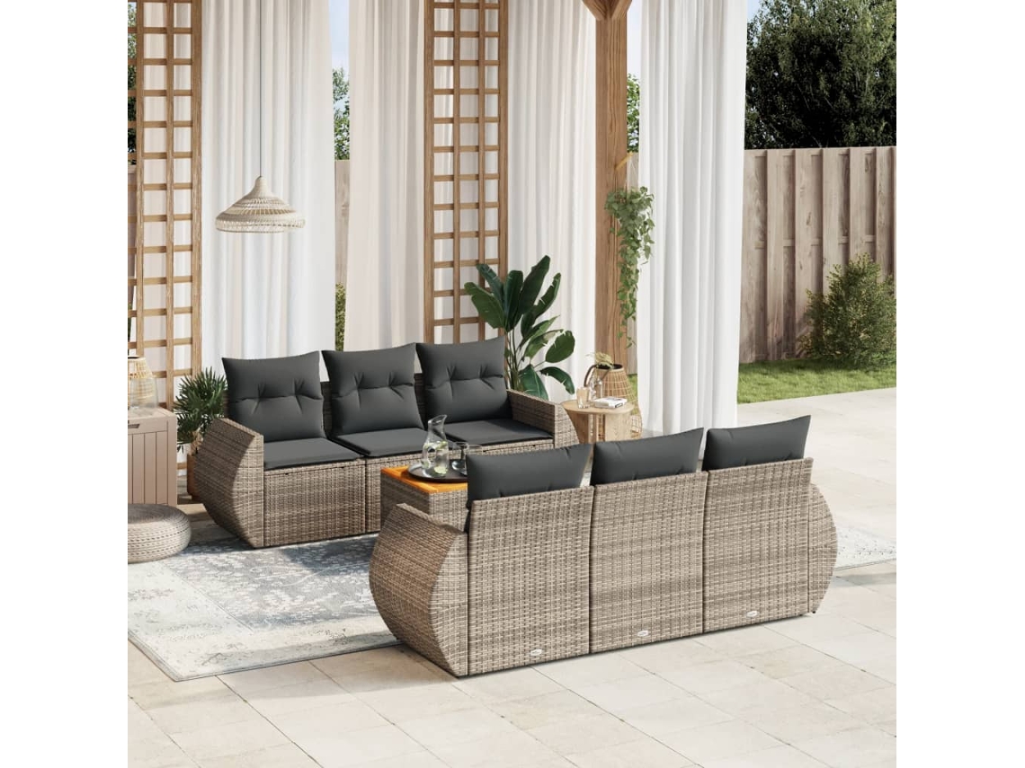 Conjunto de sofá de jardín de 7 piezas con cojines, mimbre gris, DKD Home Decor
