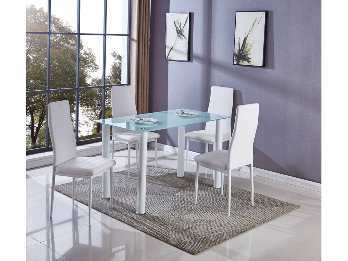 Conjunto de Mesa con 4 Sillas SALDOS Y STOCK Blanco (Cristal Templado y Cuero Sintético - 110X70 cm)