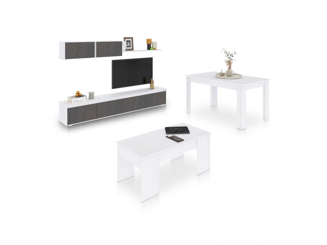 Pack salón con mesa de centro y mesa de comedor Arlet Max V2B Blanco Artik (Blanco Mate) - Óxido 200 x 43 x 41 cm
