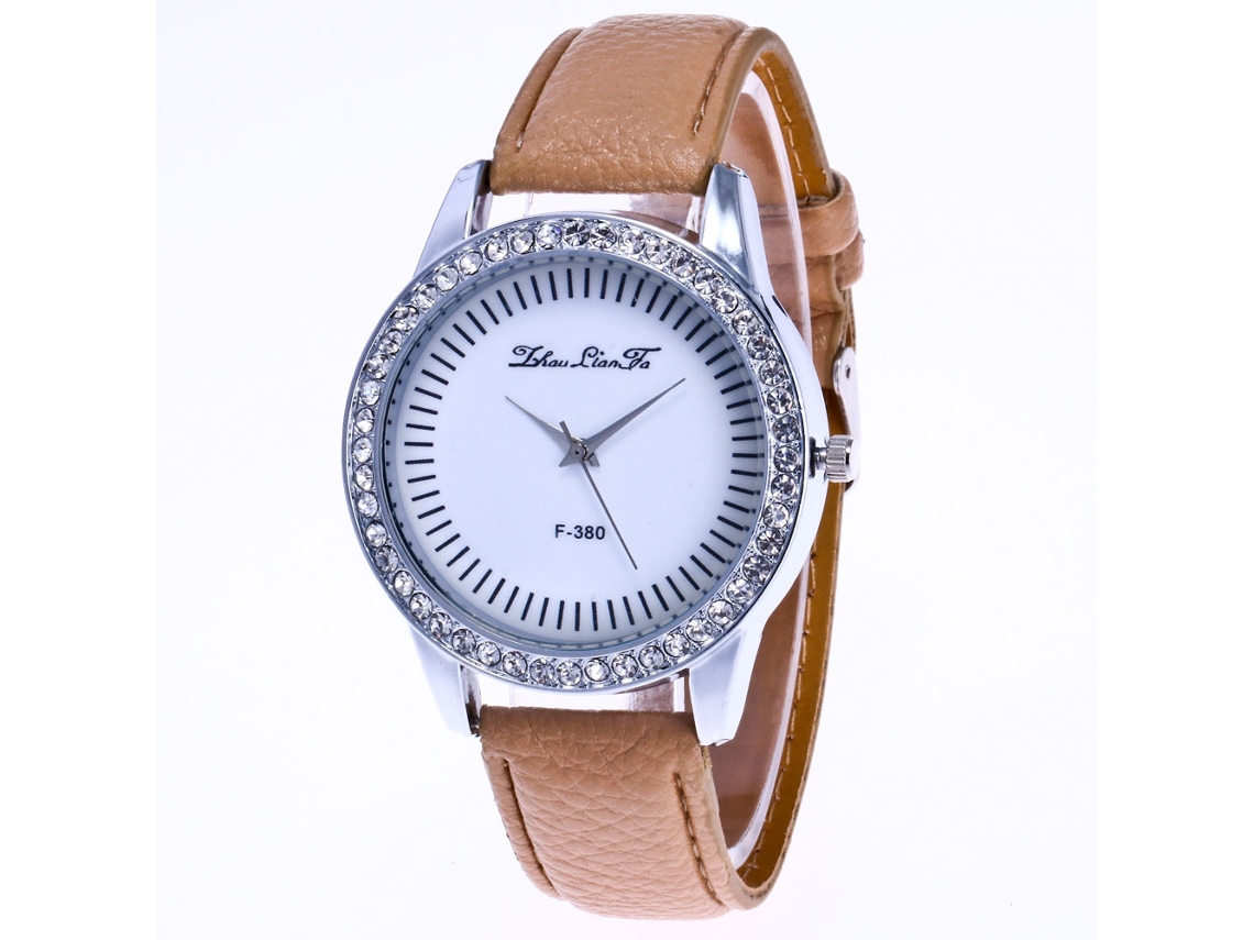 Reloj De Cuarzo Para Mujer Con Correa De Cuero Beige Y Esfera Luminosa F-380a