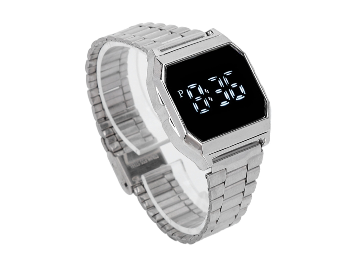 Reloj Deportivo Digital Rectangular Led Con Pantalla Táctil, Luz Nocturna Y Alarma, Brazalete De Acero Inoxidable Plateado.