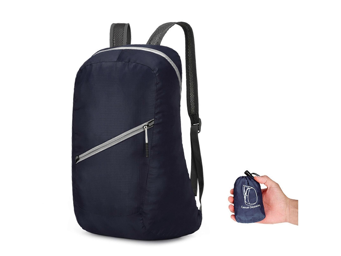 Mochila plegable ultraligera y ligera para actividades al aire libre, viajes y deportes, ideal para hombres y mujeres, en color azul oscuro.