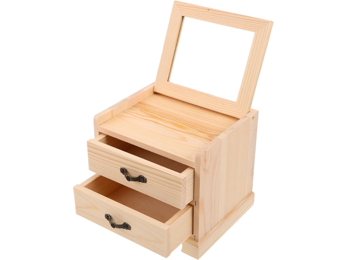 Elegante Joyero Rústico Madera Maciza Espejo 2 Cajones Organizador Niveles Mujer Ideal Dormitorio Tocador