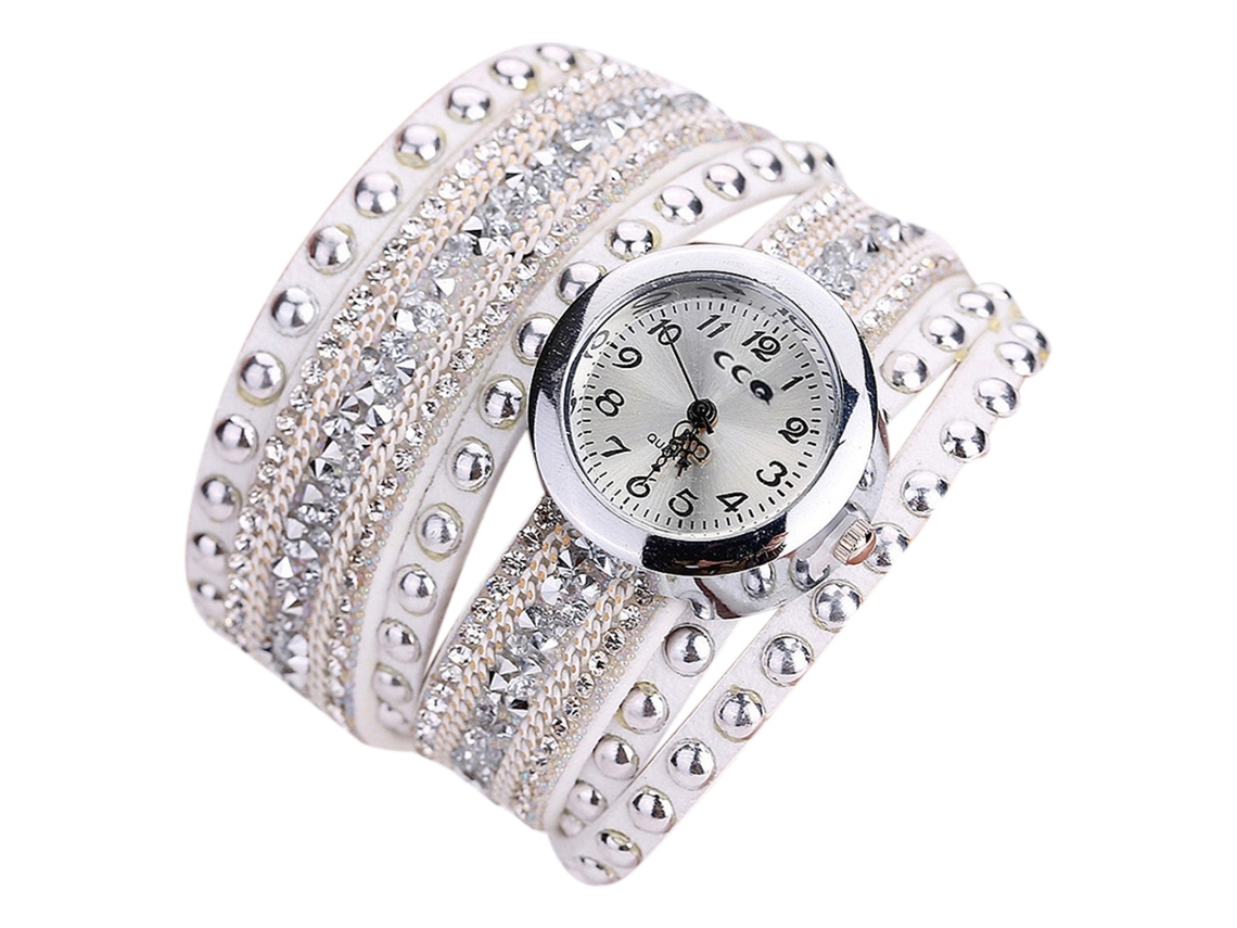 Reloj De Pulsera Ccq Para Mujer De Aleación Con Correa De Diamantes De Imitación Multicapa Y Movimiento De Cuarzo Blanco.