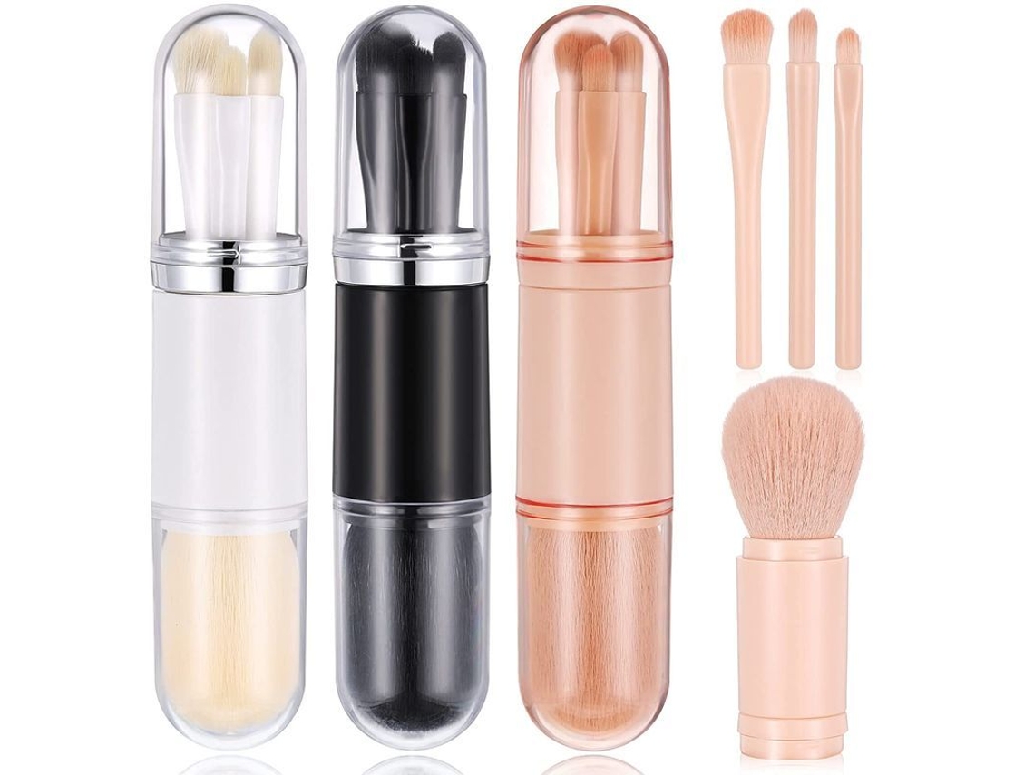 Juego De 3 Brochas De Maquillaje Portátiles 4 En 1 Para Viajes: Mini Brocha Para Labios, Bases De Maquillaje Y Sombras De Ojos.
