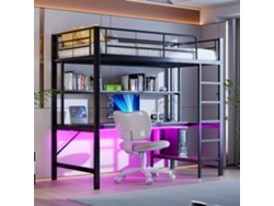 Cama alta de 90*200 cm, con barandilla de seguridad, modelo escalera, puerto USB y toma de corriente, con luces LED, sin colchón, estructura de metal.