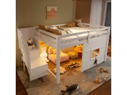 Cama Alta De 140x200 Cm, Escalera Con Espacio De Almacenamiento Y Ventana, Estructura De Madera, Color Blanco.