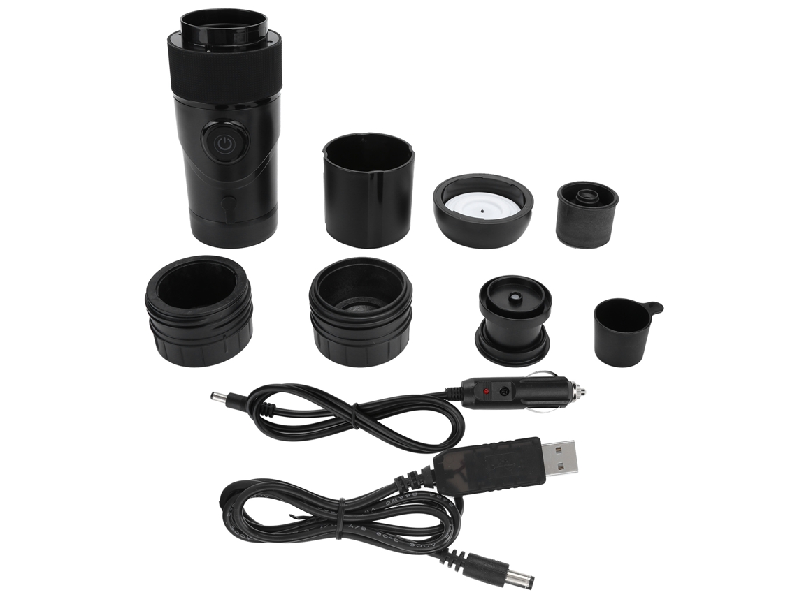 Cafetera eléctrica portátil de color negro con cable USB y cable de alimentación para cenicero de coche.
