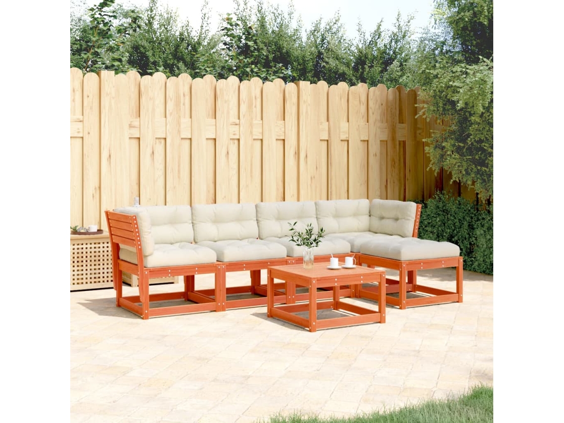 Conjunto 5pcs Sofás Jardim Almofadões Pinho Maciço Castanho Mel Dkd Home Decor